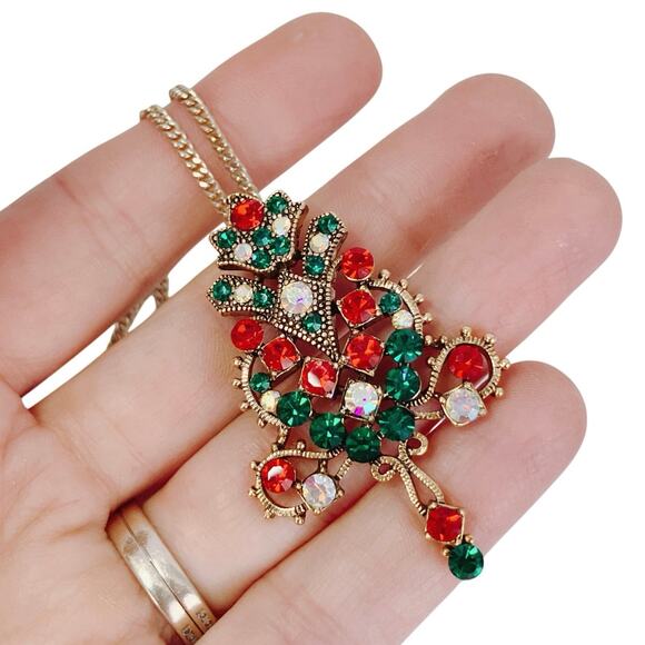 Vintage Gold Tone Christmas Tree Necklace Mid Century Rhinestone AB Sparkling - Picture 5 of 12
